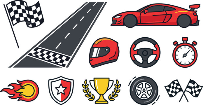  Racing vector icon set featuring red sports car checkered flag racetrack finish line helmet steering wheel stopwatch trophy and tire isolated on white background.