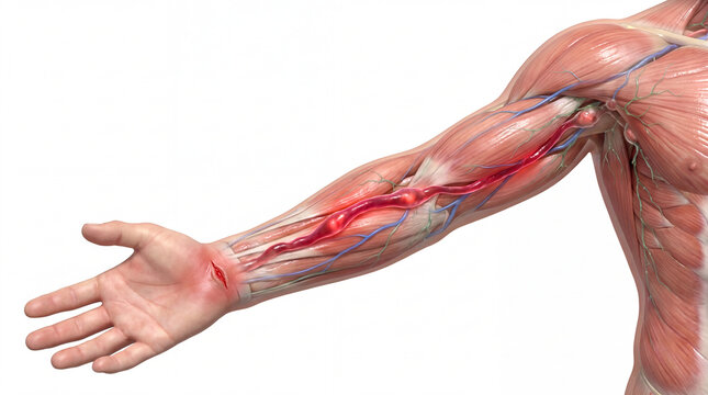 Vascular infection spreading from wrist wound in a detailed 3D medical illustration, showing inflamed blood vessels, human arm musculature, and trauma anatomy for healthcare education