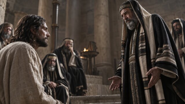 Jesus standing before high priest and Pharisees in ancient temple. Biblical scene of trial and interrogation of Christ. Religious history, faith and Christian Easter concept.