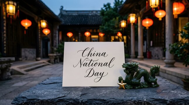 China National Day greeting sign displayed with green jade dragon statue and golden star on stone surface near glowing lanterns