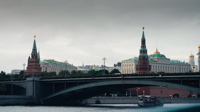 Moscow kremlin skyline with moskva river tour boat