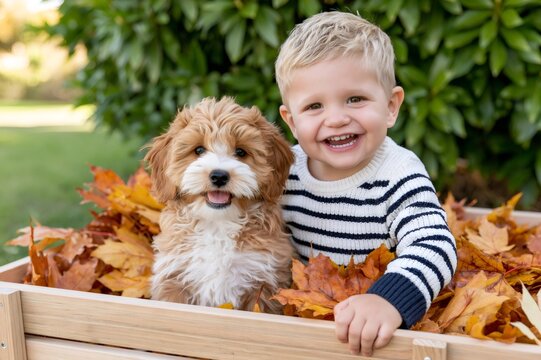 Toddler boy and cavapoo puppy playing in autumn leaves wagon