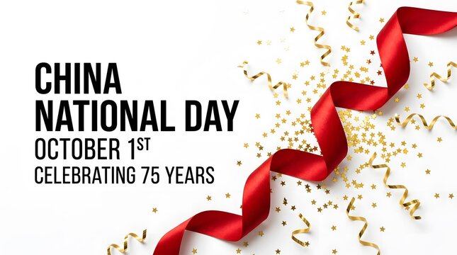 China National Day celebration graphic design featuring elegant red ribbon with shiny gold star confetti on clean bright white background