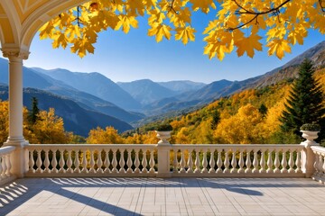 Obraz premium Autumn leaves framing mountain valley from balcony