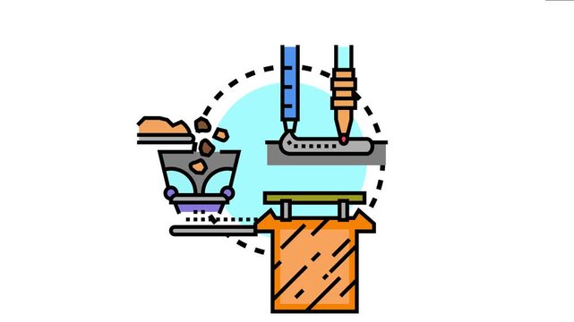 Metal casting process icon molten material pouring into a mold form, solidifying, and creating specific products for manufacturing and production