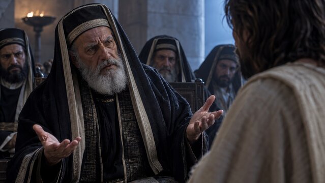 Elderly Pharisee with gray beard questioning Jesus Christ in ancient temple. Old priest arguing with messiah before group of religious leaders.