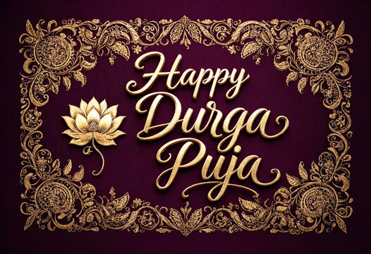 Beautiful golden Durga Puja greeting card with intricate floral patterns and lotus design