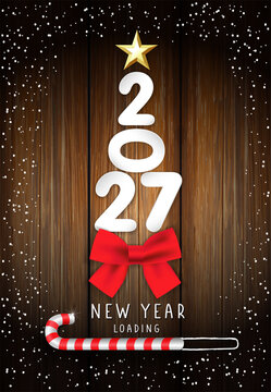New Year loading 2027, greeting card with a xmas tree with numbers, red bow and star. Vector illustration with a creative Christmas tree with paper digits and сandy сane