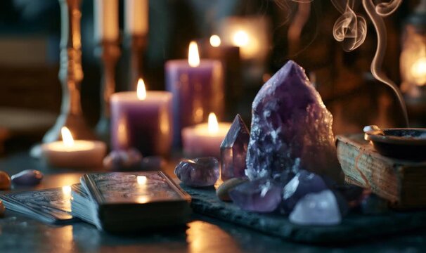 Amethyst crystal, tarot cards, and burning candles with incense smoke, creating a mystical atmosphere for spiritual practice