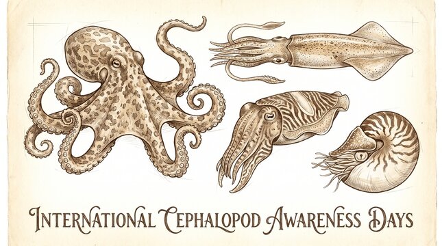 International Cephalopod Awareness Days Octopus Squid Cuttlefish Nautilus Marine Life Natural History Illustration