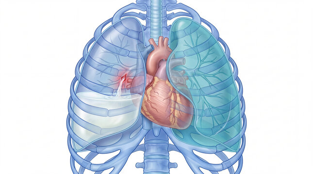 Pleural effusion in human lung anatomy showing fluid buildup and internal bleeding inside the rib cage beside the heart for medical education, pulmonology research, and healthcare diagnostics