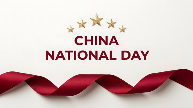 China national day greeting card featuring elegant deep red ribbon and five sparkling gold stars against a clean white background