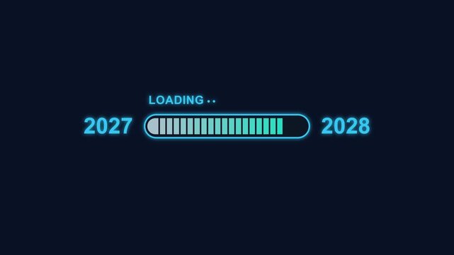 Clean neon loading composition on a solid background that exactly matches the loading bar interior color (dark navy): center cyan neon outlined pill loading bar whose inner vertical segment boxes are