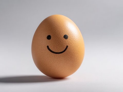 A single brown egg with a hand-drawn smiling face stands against a plain background. Happy Easter concept for seasonal greeting cards.
