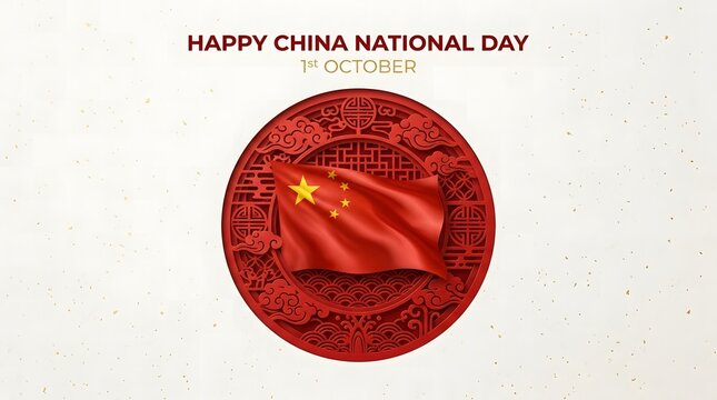 Waving red national flag of China centered within an ornate paper cut circle featuring traditional decorative patterns and gold flecks