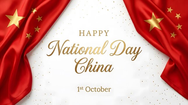 Chinese national day celebration featuring elegant red silk fabric drapes with gold stars against a clean white background festive graphic