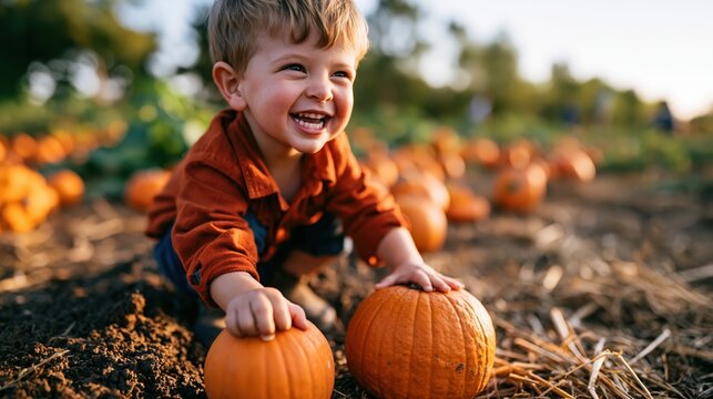 Smiling child crouching to compare two pumpkins on a farm field