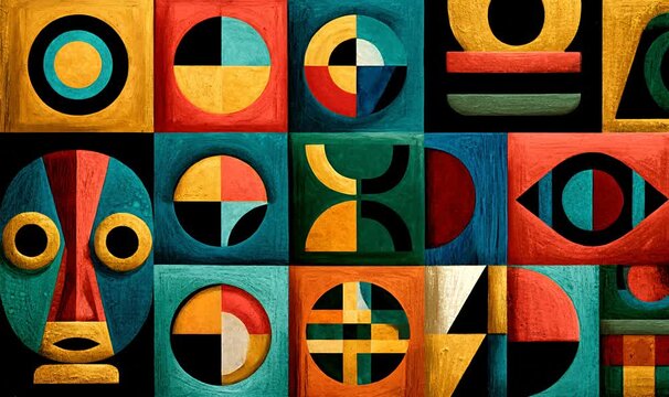 Colorful abstract mosaic pattern featuring geometric shapes and forms, creating a stylized tribal mask and eye symbol. Vibrant modern art