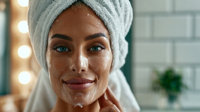 Woman applying facial skincare sheet mask for wellness