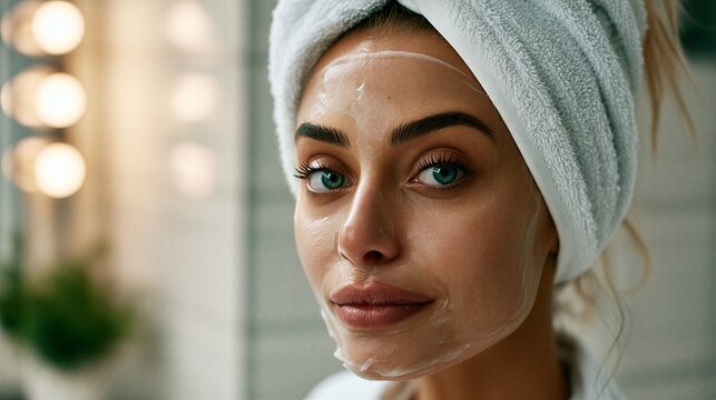 Woman applying facial skincare sheet mask for wellness