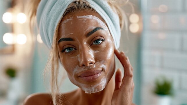Woman applying facial skincare sheet mask for wellness