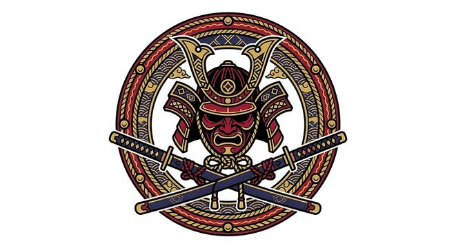 Detailed Japanese samurai warrior emblem featuring a traditional red mask, ornate helmet, crossed katana swords, and decorative circular elements inspired by Japanese culture. 