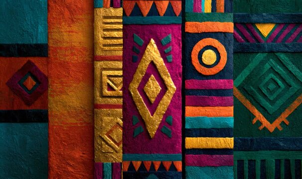 Vibrating african abstract pattern with various shapes and warm, earthy colors, creating a rich ethnic background