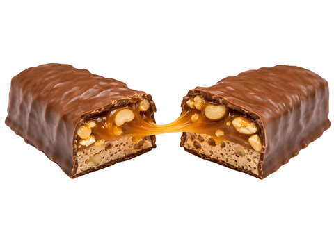 Chocolate caramel bar with peanuts, broken candy bar, sweet nougat snack isolated on Transparent Background