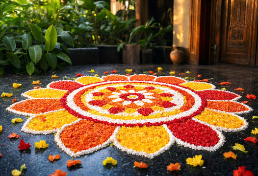 Colorful traditional rangoli design with flowers and petals on a dark stone floor in a garden setting
