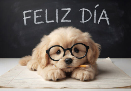 Cachorro tierno con anteojos y lapiz en la boca con mensaje Feliz D&iacute;a en pizarr&oacute;n para el D&iacute;a del Maestro