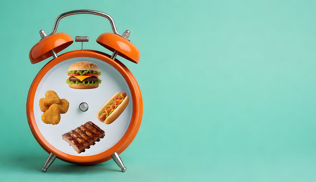 Fast food concept with burger hotdog nuggets and ribs inside orange watch isolated on blue background. Unhealthy eating schedule and late night snacking illustration.