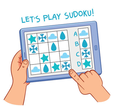 Educational kids sudoku game on a tablet with simple shapes. Fun learning activity that develops logic, pattern recognition, and problem-solving skills in early childhood education.