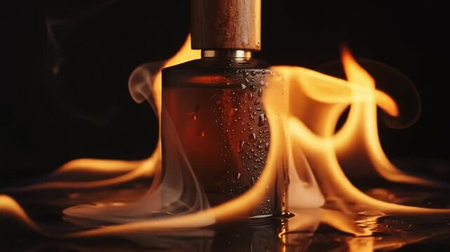 Elegant perfume bottle surrounded by fire and smoke