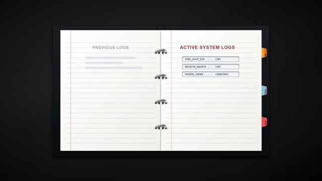 Digital ring binder dashboard interface animation with business data charts