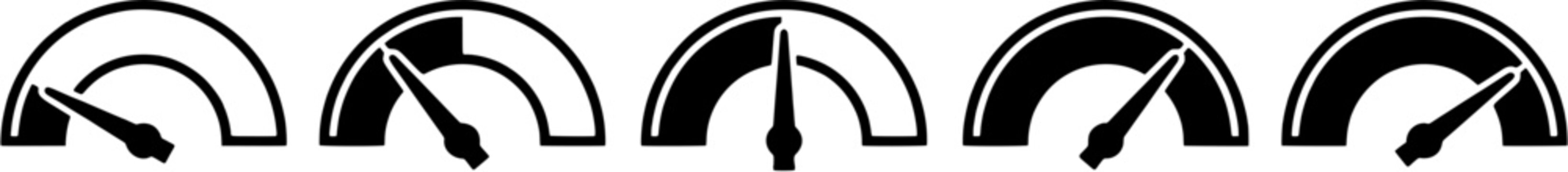 Speedometer gauge icon set in a flat black silhouette style including low, medium, high and full performance level indicators for user interface design.