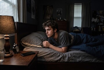 Fototapeta premium A teenager is lying on his bed in a dimly lit room. He stares thoughtfully out the window. A clock and a glass of water are on the nightstand. It is evening and the room is quiet