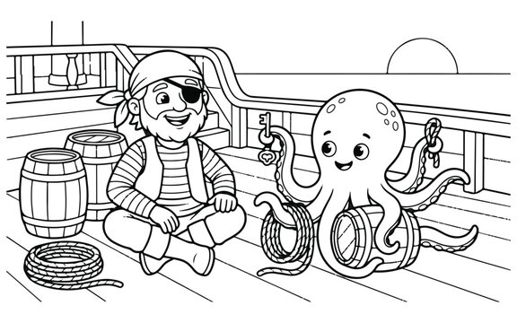 A fun pirate and friendly octopus sitting on a ship deck in this engaging black and white coloring page
