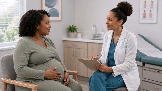 A doctor speaks with a pregnant woman during a prenatal checkup in a bright medical exam room, creating a warm, professional scene of maternity care, support, and healthcare guidance.