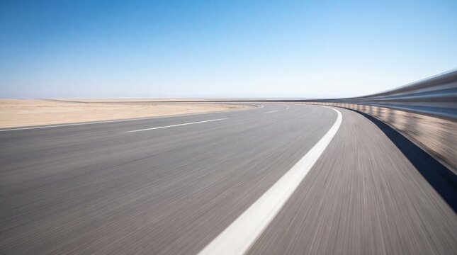 Empty asphalt highway road curving through a desert landscape under a clear blue sky background