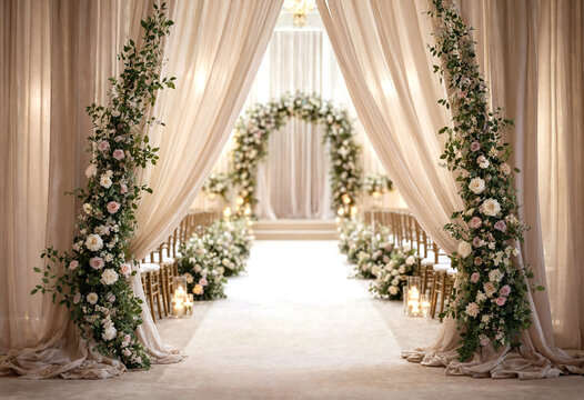 Elegant wedding aisle decorated with white and pink flowers draped curtains and lanterns for a romantic ceremony