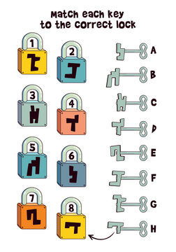Educational logic puzzle for kids. Match each key with the correct lock by shape. Fun activity to develop attention and thinking skills for children. Spot it