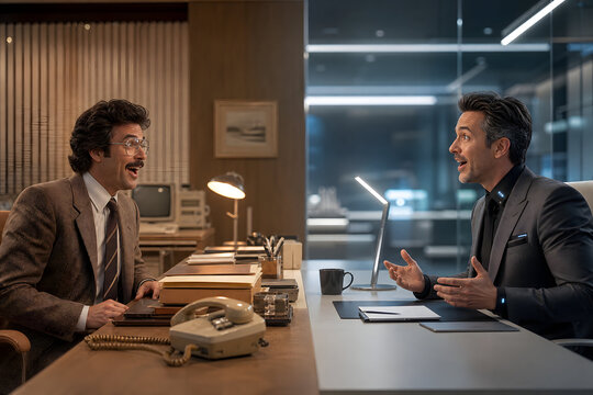 Retro Office Worker Meeting His Future Self &ndash; Time Warp, Career Evolution and Humorous Business Concept