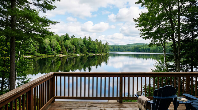 Wooden balcony view overlooking serene lake surrounded by green forest trees under cloudy sky