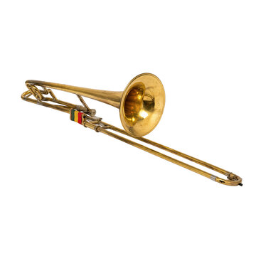 Golden brass trombone with reggae colored ribbon isolated on transparent background PNG element