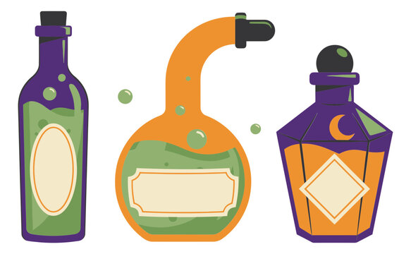 Halloween potion bottles with bubbling liquids and labels in flat vector style