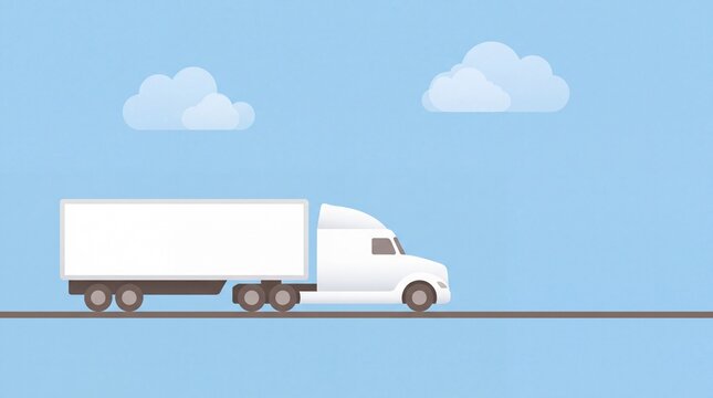 Flat of a white semi truck driving on a road with clouds in the background trailer