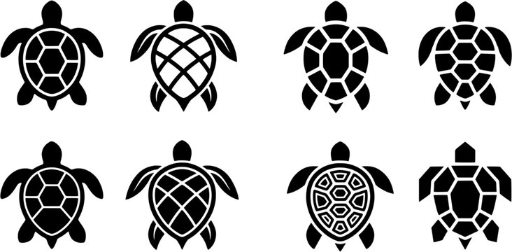 Sea turtle icon set in a flat black silhouette style including various shell patterns and aquatic reptile shapes. Editable vector illustration on white background.