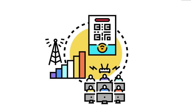 Mobile device displaying a qr code and wifi signal connecting different users on computers and a growing bar chart, symbolizing network connectivity and digital communication development