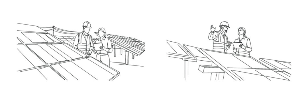 Line art illustration of two engineers inspecting solar panels on a farm, discussing renewable energy and sustainability project.