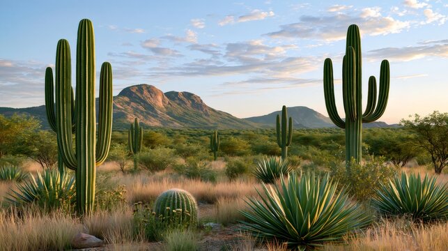 Saguaro cacti and agave plants in arid desert landscape